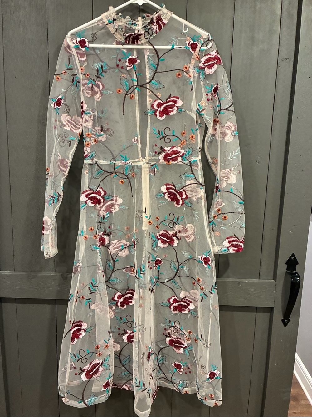 Endless Rose Size M Sheer Floral Embroidered Mesh Long Sleeve Midi Dress